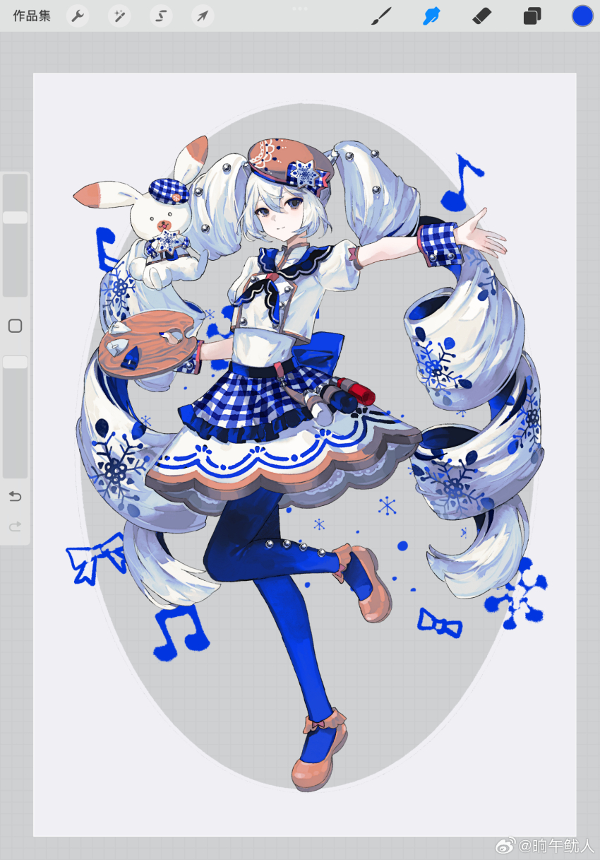 1girl apron beamed_eighth_notes blue_eyes blue_hair blue_pantyhose bow dress eighth_note full_body hat hatsune_miku highres long_hair looking_at_viewer musical_note musical_note_print neckerchief original pantyhose rabbit rabbit_yukine sailor_collar shoes short_sleeves skirt smile snowflake_print solo standing standing_on_one_leg twintails very_long_hair weibo_5494810602 white_hair