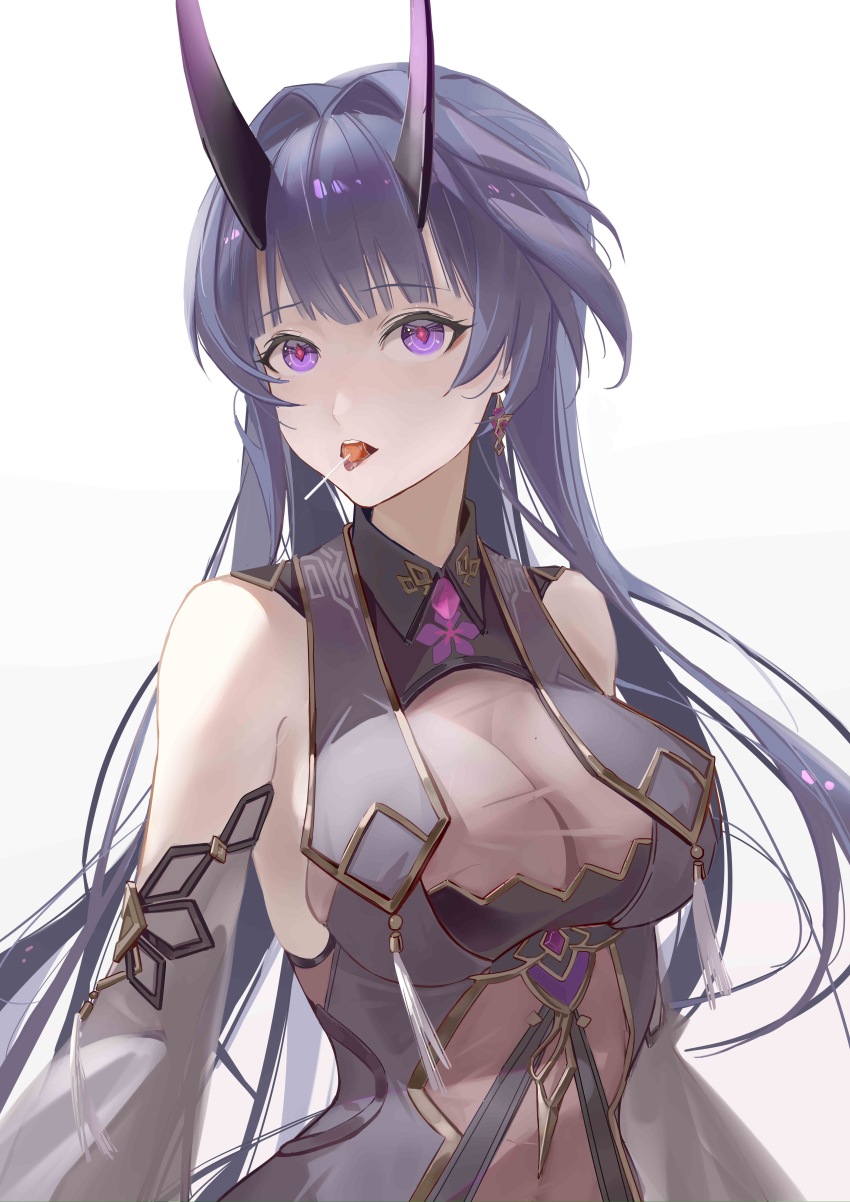 1girl absurdres bare_shoulders breasts candy chinese_commentary cleavage collared_dress commentary_request covered_navel detached_sleeves diamond-shaped_pupils diamond_(shape) dress earrings eating food hair_intakes highres honkai_(series) honkai_impact_3rd horns jewelry large_breasts lollipop long_hair long_horns looking_at_viewer official_alternate_costume purple_dress purple_eyes purple_hair purple_horns purple_sleeves raiden_mei raiden_mei_(herrscher_of_thunder) raiden_mei_(rainy_springtide) red_pupils refa saliva see-through_cleavage see-through_clothes sidelocks simple_background solo symbol-shaped_pupils upper_body very_long_hair white_background