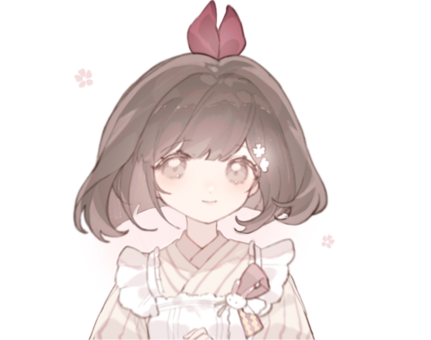 1girl aa_huaju_pifa_ma_zong apron blunt_ends bob_cut bow brown_eyes brown_hair closed_mouth flower frilled_apron frills hair_bow hair_flower hair_ornament hand_up highres japanese_clothes kimono looking_at_viewer maid pink_flower pink_kimono pinstripe_kimono pinstripe_pattern rabbit_ornament red_bow reverse:1999 satsuki_(reverse:1999) short_hair smile solo striped_clothes striped_kimono upper_body vertical-striped_clothes vertical-striped_kimono wa_maid white_apron white_background