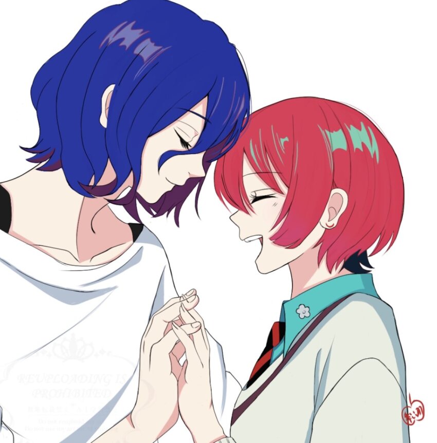1boy 1girl amate_yuzuriha blue_hair closed_eyes collared_shirt colored_inner_hair commentary_request face-to-face gundam gundam_gquuuuuux jyujyunashi long_sleeves multicolored_hair necktie open_mouth palms_together profile purple_hair red_hair school_uniform shirt short_hair shuji_ito simple_background smile sweater two-tone_hair upper_body watermark white_background white_shirt