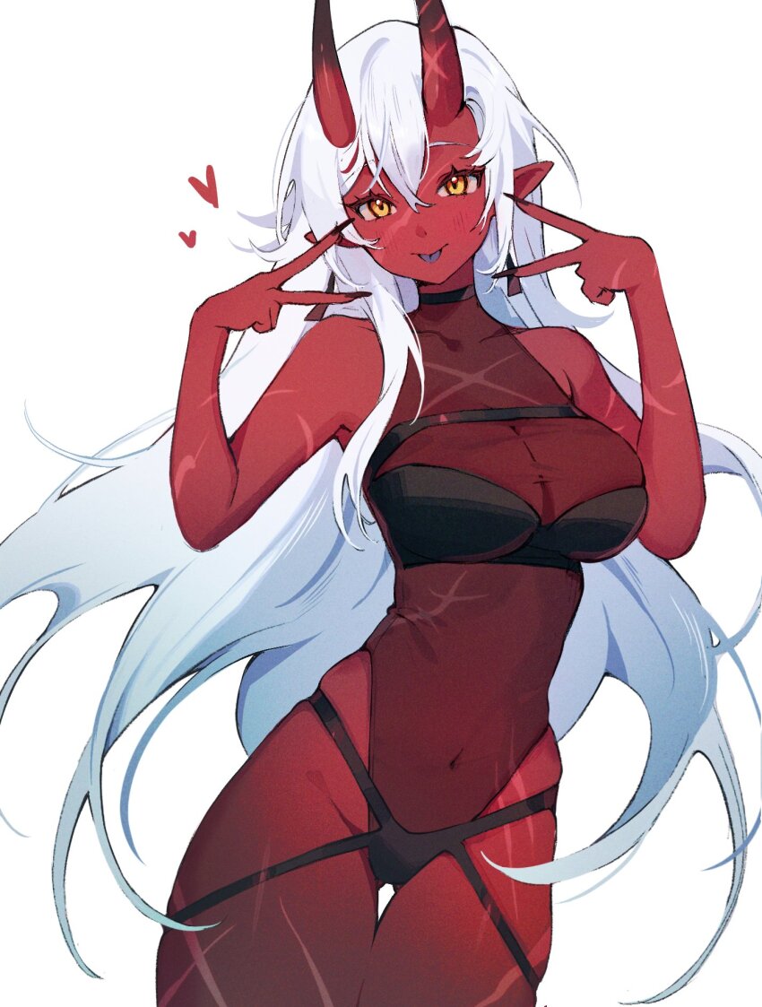 1girl :p akumi_(yoclesh) breasts cleavage colored_skin double_v fingernails hair_between_eyes hair_between_horns highres horns indie_virtual_youtuber large_breasts leotard long_fingernails long_hair looking_at_viewer navel oni pointy_ears red_horns red_oni red_skin scar scar_on_arm scar_on_chest scar_on_face scar_on_hand scar_on_leg scar_on_stomach see-through_clothes see-through_leotard solo tongue tongue_out v virtual_youtuber white_background white_hair yellow_eyes yenkoes