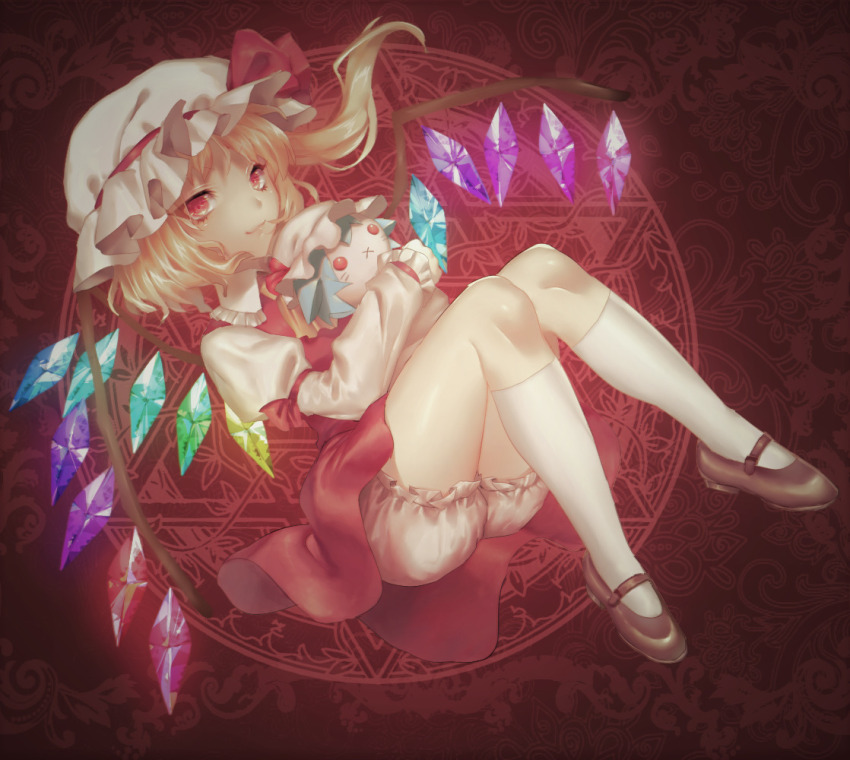 1girl adapted_costume bitaro blonde_hair bloomers character_doll closed_mouth crystal dress flandre_scarlet from_side full_body glowing glowing_wings hat juliet_sleeves kneehighs light_smile long_sleeves looking_at_viewer mary_janes medium_hair mob_cap multicolored_wings one_side_up puffy_sleeves red_background red_dress red_eyes red_shoes red_theme remilia_scarlet shirt shoes sleeve_ribbon socks solo touhou underwear white_bloomers white_hat white_shirt white_socks wings