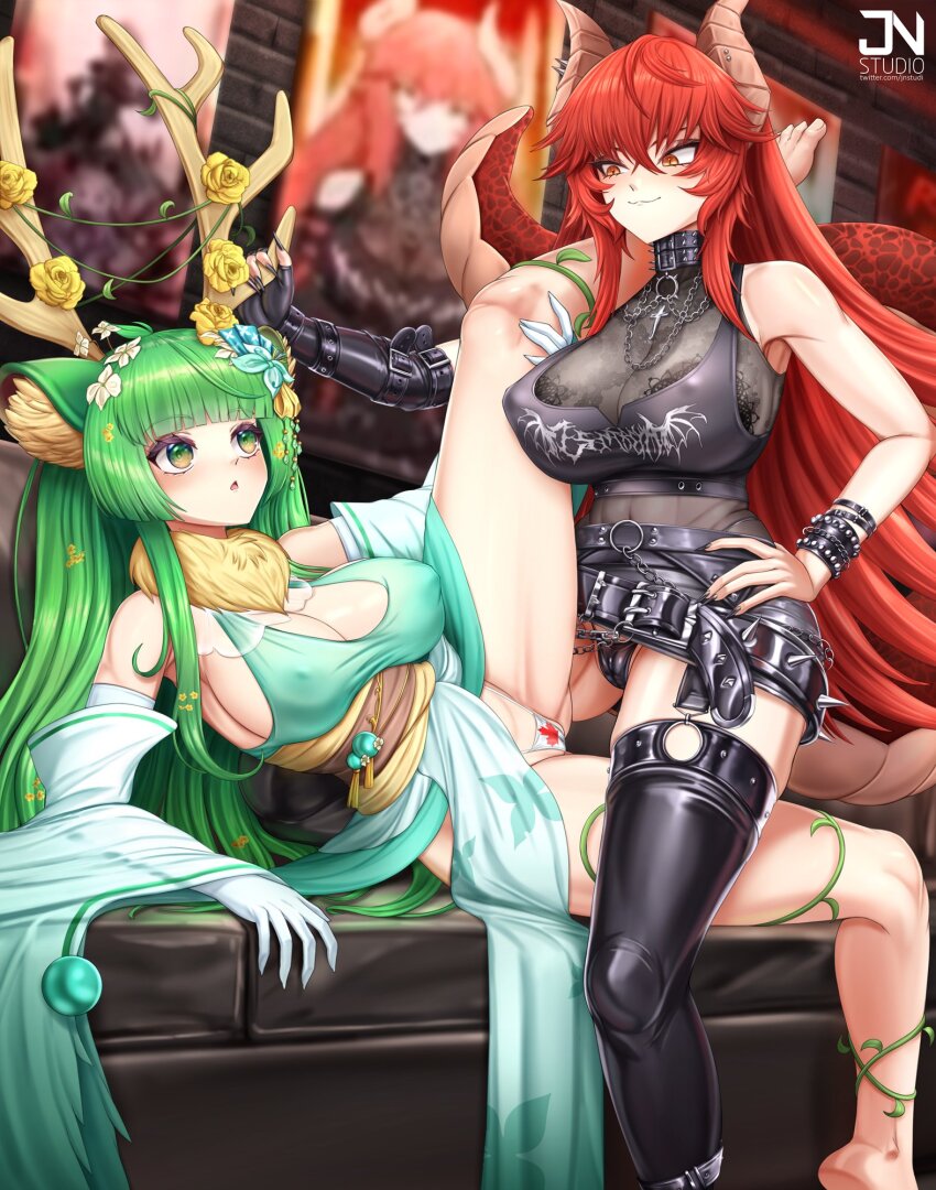 2girls animal_ears antlers artist_name black_nails blunt_bangs breasts canadian_flag_panties chain couch covered_erect_nipples cross deer_ears dragon_girl dragon_horns dragon_tail elbow_gloves eye_contact gloves gluteal_fold green_eyes green_hair hair_between_eyes hand_on_own_hip haruka_karibu highres horns jnstudio large_breasts long_hair looking_at_another multiple_girls on_couch panties red_hair reindeer_antlers reindeer_girl smile tail thighhighs underwear very_long_hair virtual_youtuber vshojo watermark yuri zentreya zentreya_(dragon) zentreya_(dragon)_(metalheads) zentreya_(dragon)_(metalheads)