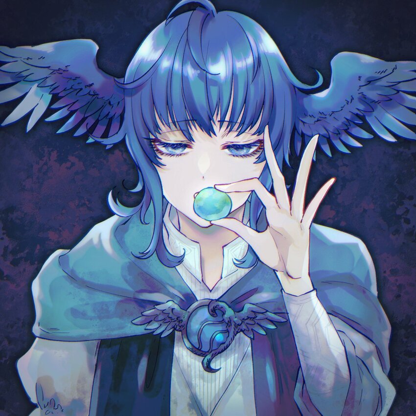 1girl ahoge between_fingers bird_wings blue_background blue_capelet blue_eyes blue_gemstone blue_hair brooch capelet collared_shirt feathered_wings final_fantasy final_fantasy_xiv fosaster_fenrir gem half-closed_eyes hand_up head_wings highres holding holding_planet jewelry long_sleeves meteion open_mouth shirt short_hair simple_background solo straight-on upper_body white_shirt wings