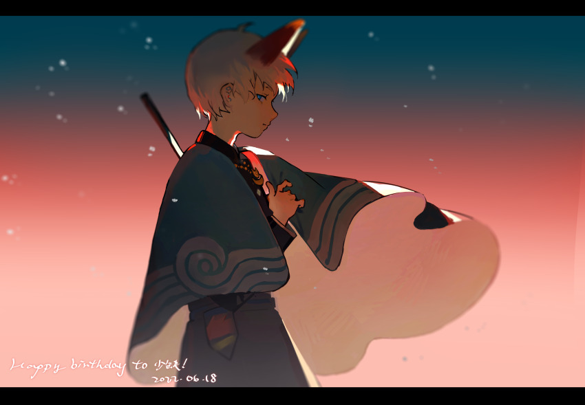 1boy absurdres black_shirt blue_cape blue_eyes cape chinese_commentary chuanhua closed_mouth commentary_request cowboy_shot dated from_side gradient_background highres horns letterboxed long_sleeves male_focus original red_horns shirt short_hair solo white_hair