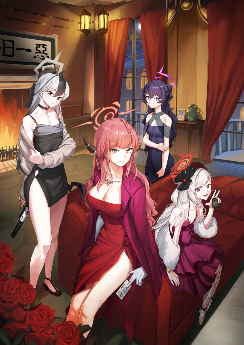 absurdres arm_rest arm_support aru_(blue_archive) aru_(dress)_(blue_archive) bare_arms bare_shoulders black_choker black_dress black_footwear black_hair black_horns blue_archive blue_dress bow bracelet breasts bright_pupils brown_horns business_card card cardigan choker cleavage clenched_hand closed_mouth clothes_grab clothing_cutout coat coat_on_shoulders collarbone couch curtains curved_horns demon_horns demon_wings diamond_necklace dress ear_piercing earrings evening_gown explosive fireplace fishnet_pantyhose fishnets flat_chest flower flower_dress fur_shawl gloves grenade grey_cardigan grey_halo grey_jacket gripping_clothes gun h&amp;k_p30 hair_between_eyes hair_bow hair_ornament hairclip halo halterneck hand_on_own_arm handgun haruka_(blue_archive) haruka_(dress)_(blue_archive) head_tilt high_heels highres hip_vent holding holding_card holding_grenade holding_gun holding_weapon horns indoors jacket jewelry kayoko_(blue_archive) kayoko_(dress)_(blue_archive) lamp long_hair long_sleeves looking_at_viewer medium_breasts mole mole_on_collarbone mole_on_neck moon multicolored_hair mutsuki_(blue_archive) mutsuki_(dress)_(blue_archive) nail_polish necklace nervous night official_alternate_costume on_couch open_mouth orange_halo panty_straps pantyhose piercing pink_halo pointy_ears problem_solver_68_(blue_archive) purple_dress purple_eyes purple_hair purple_halo purple_wings red_coat red_dress red_eyes red_halo roro_(tpghksdlzpq) rose shawl shoes short_dress side_slit single_wing sitting sleeveless sleeveless_dress small_breasts smile smoker_on_the_balcony_(disco_elysium) spaghetti_strap standing strapless strapless_dress streaked_hair stud_earrings studded_choker suppressor table two-tone_hair underwear vase w wavy_ends weapon white_gloves white_hair white_pupils window wings yellow_eyes