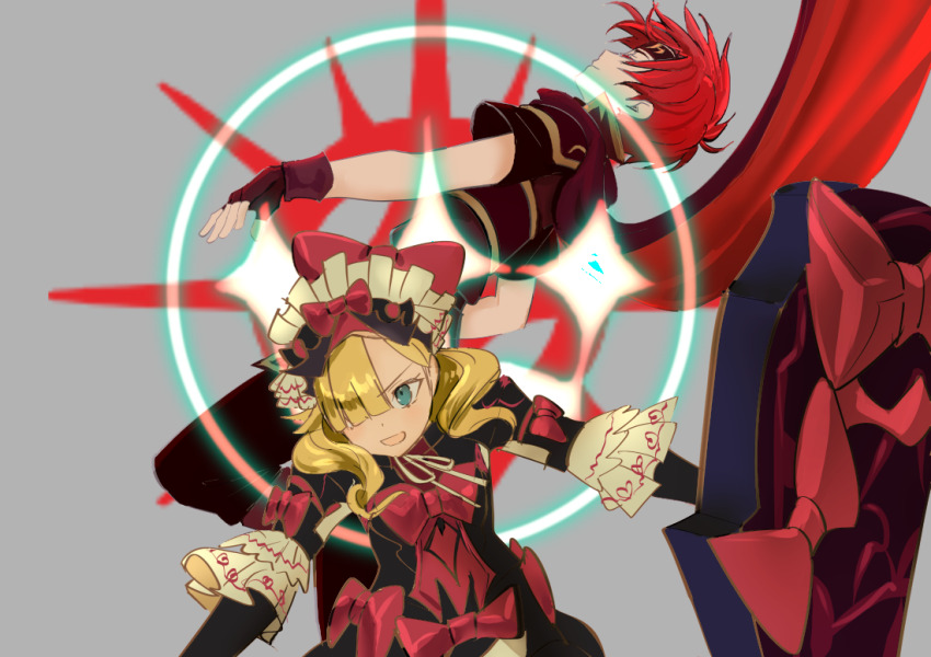 1boy 1girl armor black_armor blonde_hair blue_eyes fire_emblem fire_emblem:_the_binding_blade fire_emblem_engage frilled_headwear hair_over_one_eye marni_(fire_emblem) nintendo open_mouth red_armor red_hair roy_(emblem)_(fire_emblem) roy_(fire_emblem) shoochiku_bai two-tone_headwear