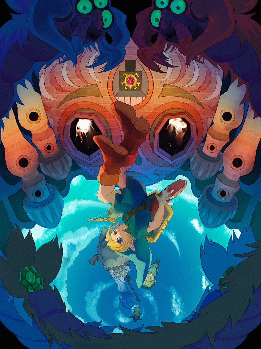 1boy absurdres bead_necklace beads belt blonde_hair blue_eyes bow_(weapon) brown_belt brown_footwear darmani deku_butler&#039;s_son deku_scrub fire goron green_tunic highres jewelry link male_focus mikau nasagina necklace nintendo open_mouth pointy_ears shield shield_on_back short_hair solo_focus statue sword sword_on_back the_legend_of_zelda the_legend_of_zelda:_majora&#039;s_mask tunic twinmold upside-down weapon weapon_on_back zora