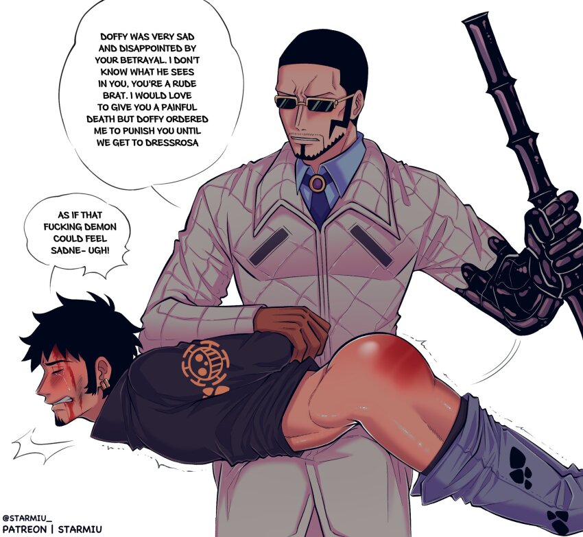2boys ass bamboo black_hair blood blood_on_face clenched_teeth closed_eyes clothes_pull crying defeat denim earrings english_text facial_hair gloves goatee haki_(one_piece) highres holding jeans jewelry long_sleeves male_focus multiple_boys one_piece pants pants_pull punk_hazard short_hair simple_background sitting spanked spanking speech_bubble starmiu teeth trafalgar_law trembling vergo_(one_piece) white_background yaoi