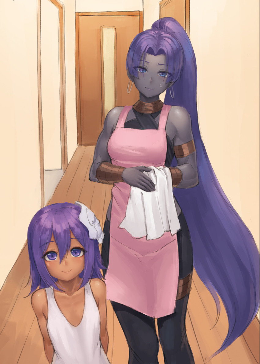 2girls apron armlet assassin_(fate/zero) bare_shoulders biceps black_pants blush bracer breasts child_assassin_(fate/zero) closed_mouth colored_skin dark-skinned_female dark_skin dress earrings fate/zero fate_(series) female_assassin_(fate/zero) grey_skin hair_between_eyes halterneck high_ponytail highres hoop_earrings jewelry large_breasts long_hair looking_at_viewer mask mask_on_head multiple_girls muscular muscular_female neck_ring pants parted_bangs pink_apron ponytail purple_eyes purple_hair ranma_(kamenrideroz) short_hair small_breasts smile thighlet towel very_long_hair white_dress