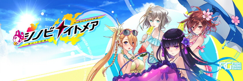 4girls ahoge aqua_bikini bikini blonde_hair blunt_bangs blush braid closed_mouth copyright_name da-kuro flower food hair_flower hair_ornament hiiragi_(shinobi_nightmare) holding holding_food holding_popsicle kikyou_(shinobi_nightmare) long_hair looking_at_viewer multiple_girls official_art parasol pink_bikini popsicle purple_bikini purple_eyes purple_hair rinzo sakura_(shinobi_nightmare) shinobi_nightmare smile straight_hair swimsuit tongue tongue_out umbrella watarubou watermelon_bar yuri_(shinobi_nightmare)