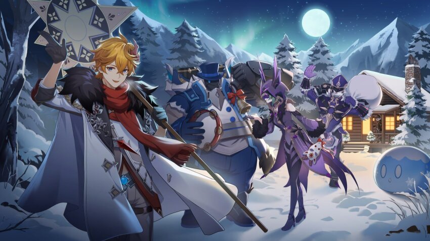 1girl 4boys black_gloves blue_eyes cicin_mage_(genshin_impact) cryo_slime_(genshin_impact) demonic_lancer electro_cicin_mage_(genshin_impact) fatui_agent_(genshin_impact) full_moon fur-trimmed_jacket fur_trim genshin_impact gloves grey_jacket hair_between_eyes holding house jacket jewelry long_sleeves mask moon mountain multiple_boys night night_sky official_art open_mouth orange_hair short_hair skirmisher_(dungeon_and_fighter) sky slime_(genshin_impact) smile snow source_request tartaglia_(genshin_impact) tree vision_(genshin_impact) white_jacket