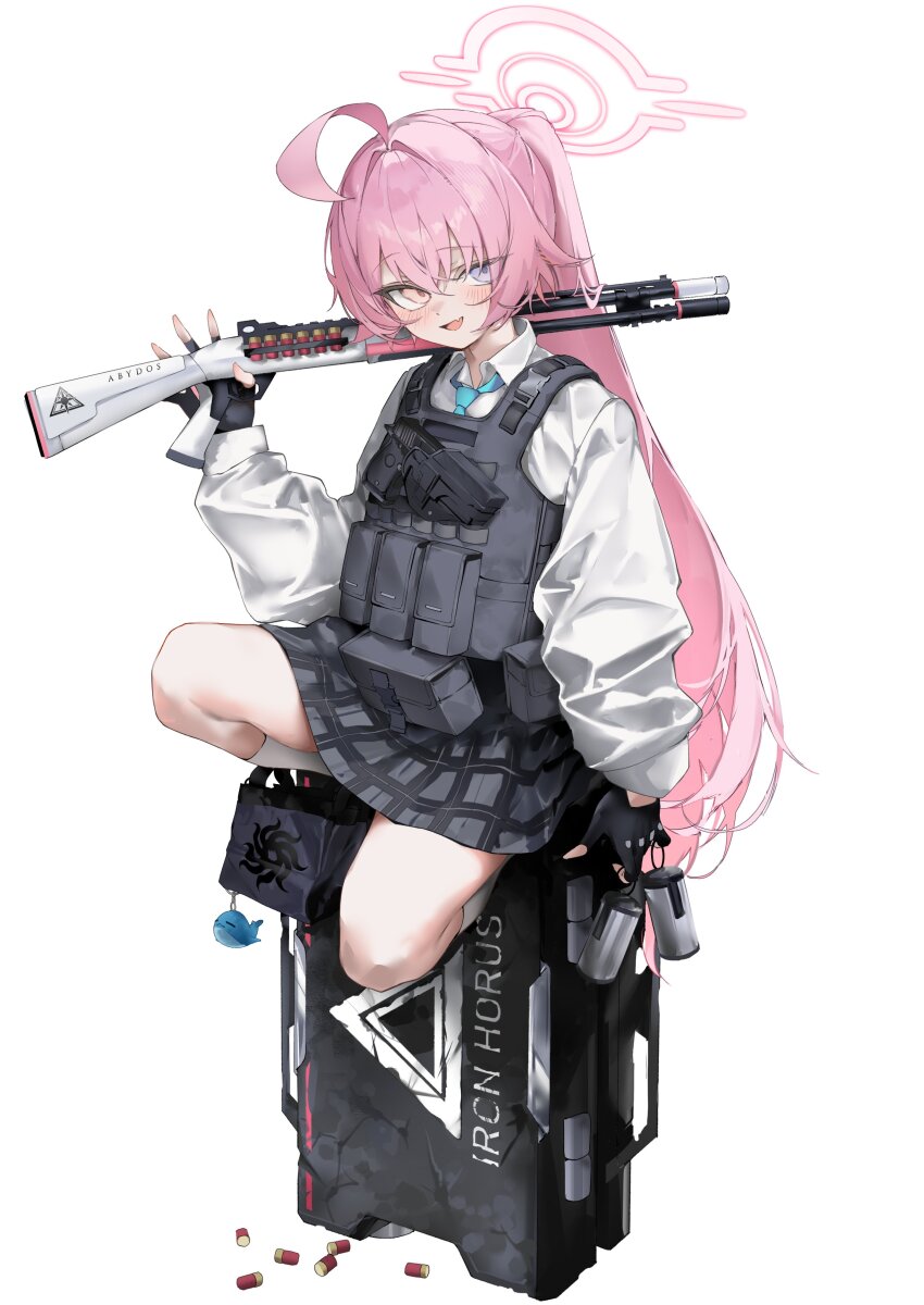absurdres ammunition_pouch ballistic_shield black_gloves black_skirt blue_archive blue_eyes blue_necktie bulletproof_vest crossdraw_holster explosive fingerless_gloves gloves grenade gun hair_between_eyes handgun heterochromia highres holding holding_grenade hoshino_(armed)_(blue_archive) hoshino_(blue_archive) long_hair looking_to_the_side loose_clothes loose_shirt necktie open_mouth pepq pink_hair plaid_clothes plaid_skirt ponytail pouch shield shirt shotgun sidelocks simple_background skirt socks weapon white_shirt white_socks yellow_eyes