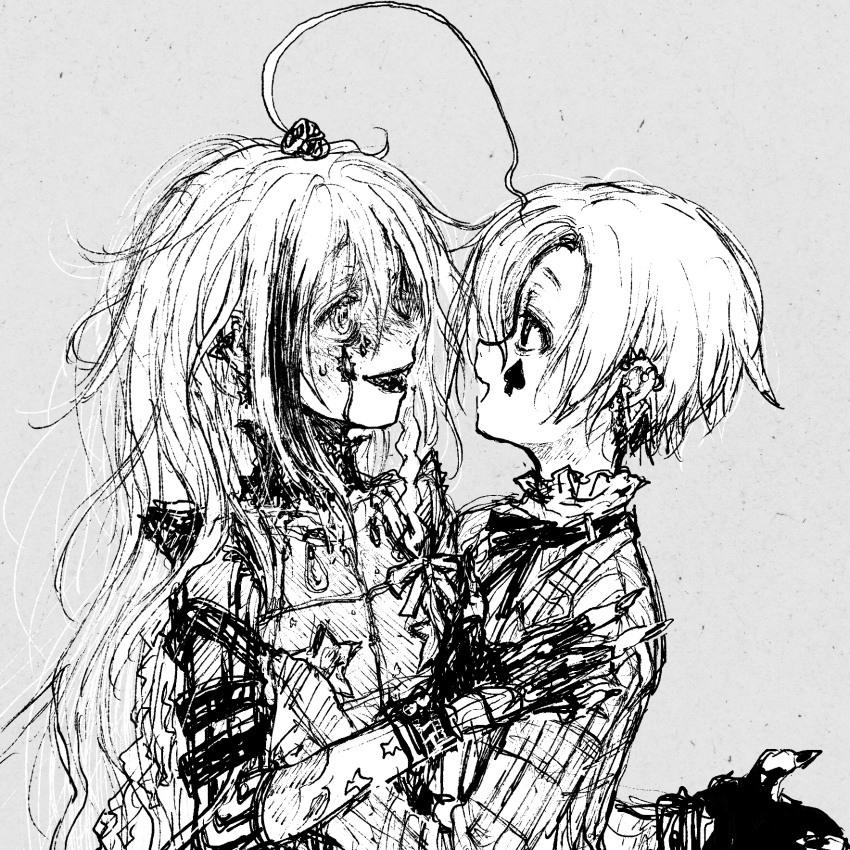 2girls ahoge alternate_costume arm_around_waist armor blush breastplate coat cropped ear_piercing face-to-face facial_mark fingerless_gloves frilled_shirt_collar frills gloves greyscale hair_ornament hand_on_another&#039;s_chest hand_on_another&#039;s_shoulder highres hoshi_syoko hover_hand huge_ahoge idolmaster idolmaster_cinderella_girls jewelry_request long_bangs long_hair long_sleeves looking_at_another monochrome multicolored_hair multiple_girls neck_ribbon nervous_smile nose_blush open_mouth payama piercing plaid_clothes plaid_coat profile ribbon sharp_teeth shirasaka_koume short_hair three-quarter_sleeves smile spade_(shape) spade_facial_mark star_(symbol) streaked_hair sweat teardrop-shaped_gem teeth upper_body