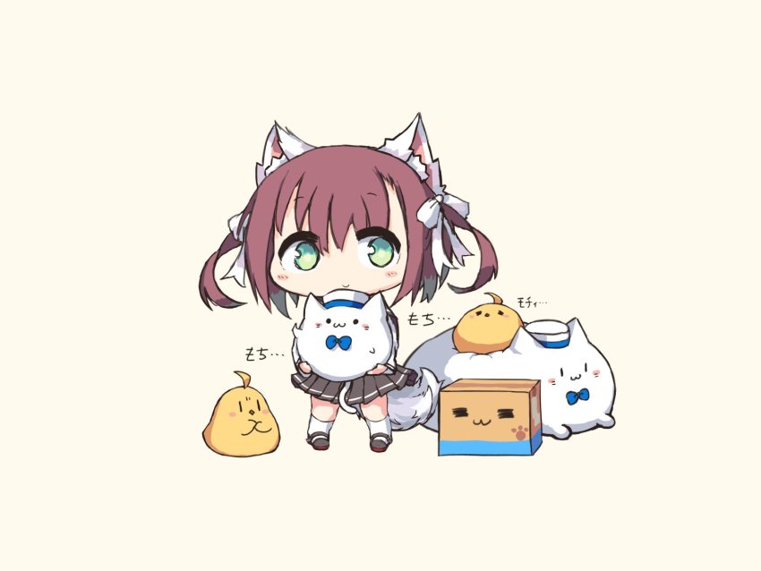 1girl :3 animal_ears azur_lane black_footwear blue_bow bow box brown_hair brown_skirt cat_ears chibi green_eyes highres holding ino_futon manjuu_(azur_lane) meowfficer_(azur_lane) miniskirt pleated_skirt shiratsuyu_(azur_lane) shoes simple_background skirt socks white_legwear