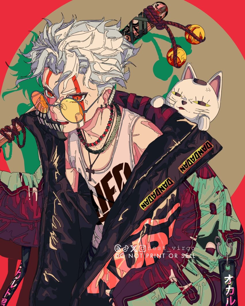 1boy alternate_form artist_name ball baseball_bat cat collar copyright_request dandadan facial_mark glasses highres jacket mask mouth_mask nest_virgo red_eyes round_eyewear short_sleeves takakura_ken_(dandadan) takakura_ken_(transformed)_(dandadan) tall_hair transformation turbo_granny_(dandadan) white_hair