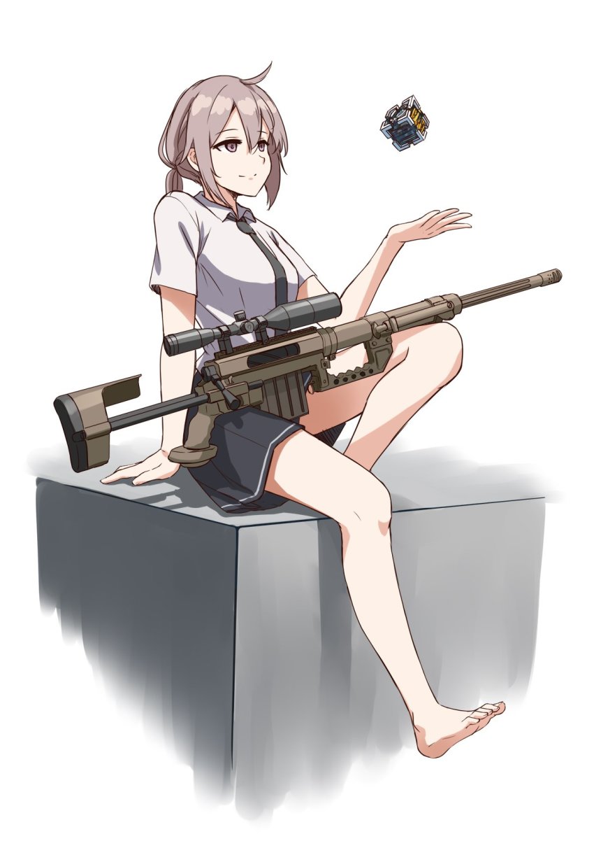 1girl bare_legs barefoot black_skirt bolt_action cheytac_m200 core core_(girls&#039;_frontline) feet female_focus girls&#039;_frontline grey_hair gun highres jpc m200_(girls&#039;_frontline) necktie ponytail rifle shirt sitting skirt sniper_rifle solo weapon white_background white_shirt