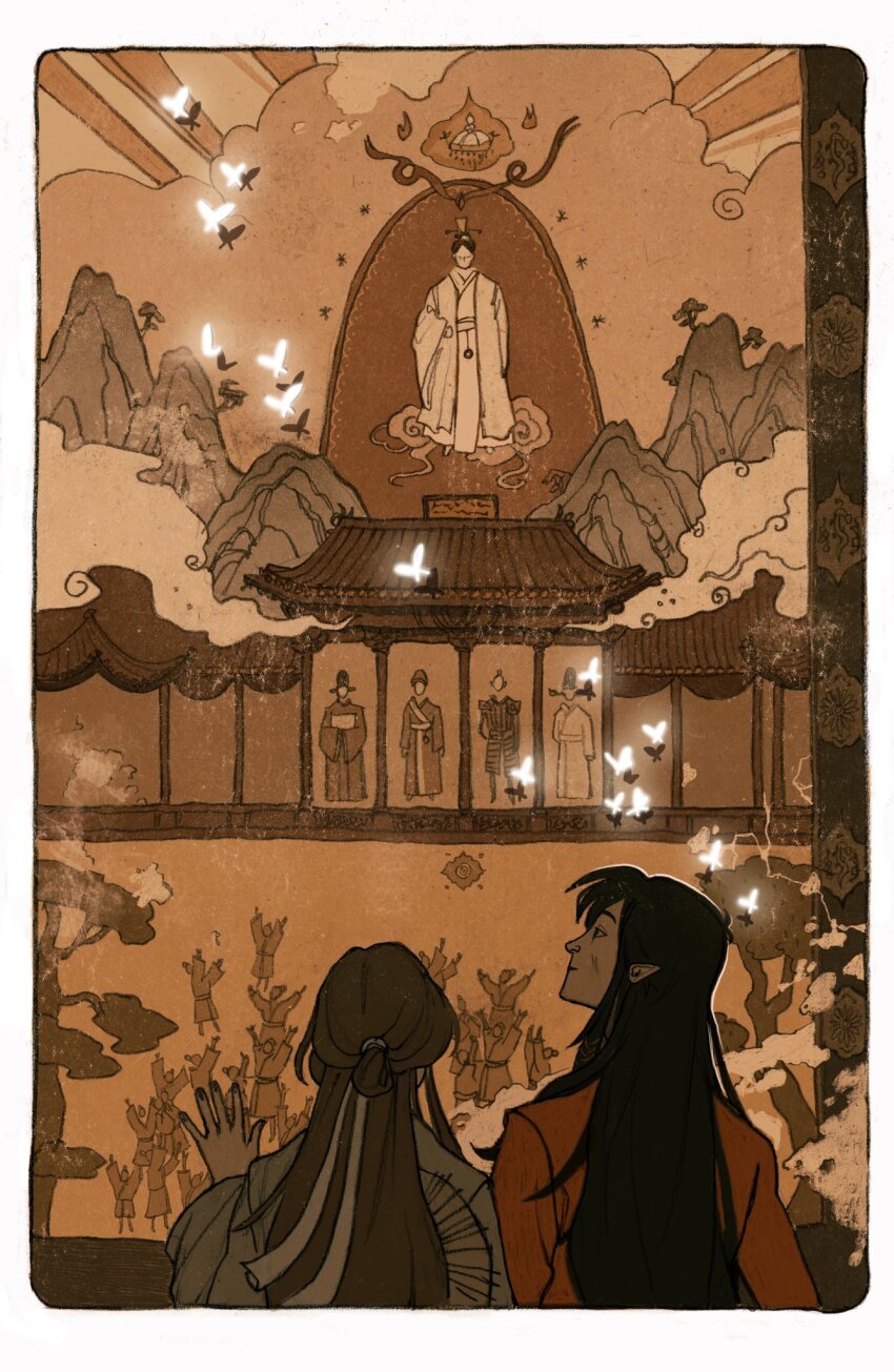 2boys above_clouds analogous_colors black_hair border brown_hair bug butterfly chinese_clothes cloud floating from_behind glowing_butterfly hair_bun hair_ribbon halo hanfu hat hat_on_back heaven highres hua_cheng insect light_rays long_hair long_sleeves male_focus mountain multiple_boys mural official_art orange_theme people pointy_ears red_hanfu ribbon rice_hat rounded_corners single_hair_bun sky tianguan_cifu white_border white_butterfly white_hanfu white_ribbon wide_sleeves xie_lian yaroslava_murashko