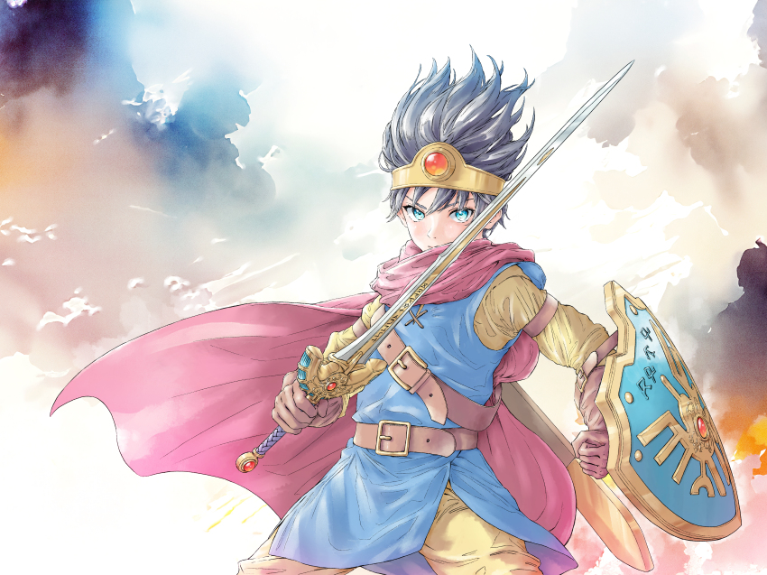 1boy absurdres armlet belt black_hair blue_eyes blue_tunic brown_belt brown_gloves cape circlet closed_mouth cloud commentary_request dragon_quest dragon_quest_iii erdrick&#039;s_shield erdrick&#039;s_sword floating_cape floating_clothes floating_hair gem gloves gold_circlet hero_(dq3) highres holding holding_shield holding_sword holding_weapon jewelry looking_at_viewer male_focus momo_oddeye pants pink_cape red_gemstone roto_(dq3) scabbard sheath shield short_hair solo spiked_hair sword tunic weapon yellow_pants yellow_sleeves