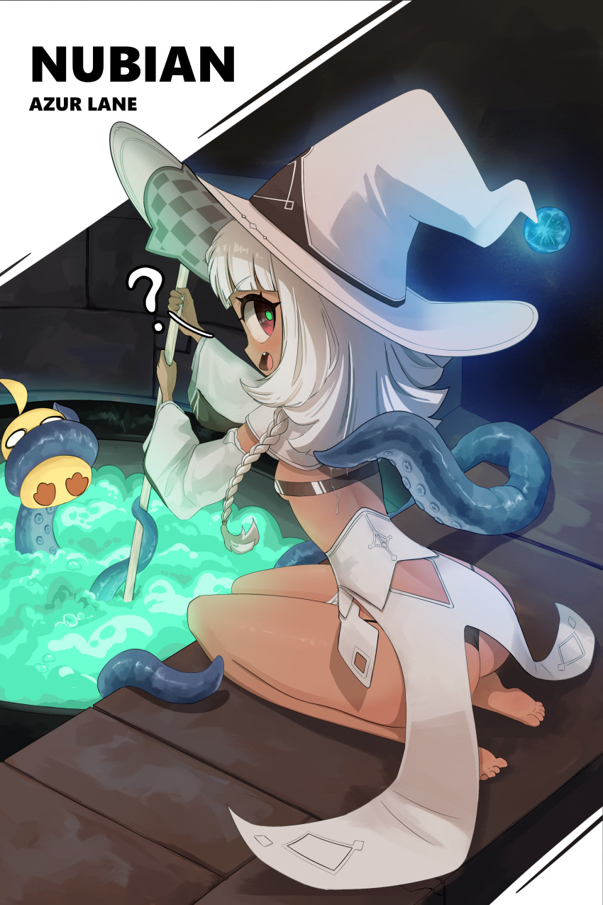 1girl ? absurdres aspy_v ass azur_lane barefoot black_panties braid breast_strap breasts cauldron character_name copyright_name dark-skinned_female dark_skin detached_sleeves fang from_behind green_pupils hat highres kneeling looking_at_viewer manjuu_(azur_lane) medium_hair nubian_(azur_lane) nubian_(normal_potion_maker)_(azur_lane) official_alternate_costume open_mouth panties small_breasts suction_cups tentacles toes underwear white_hair white_hat witch_hat