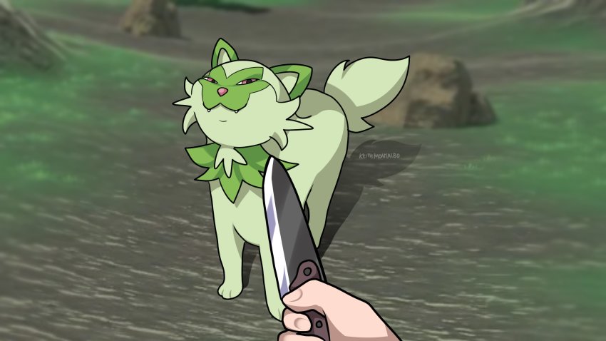 1other absurdres at_knifepoint cat commentary english_commentary fangs grass highres holding holding_knife keith_montalbo knife knife_cat_(meme) meme nintendo outdoors pokemon pokemon_(creature) pov pov_hands shadow signature smile smug sprigatito