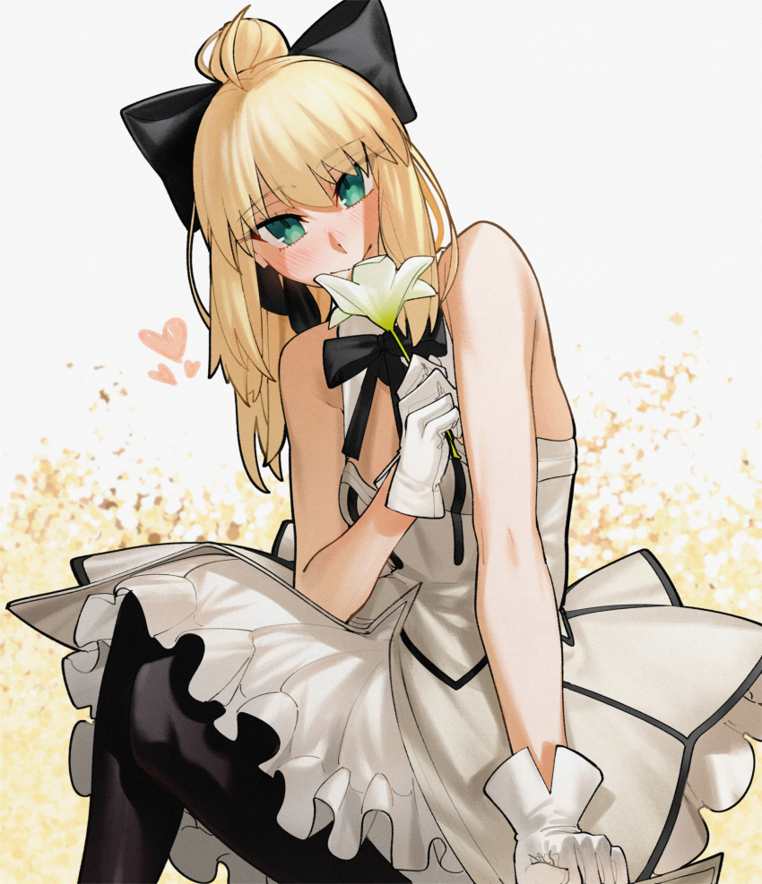 1girl absurdres artoria_pendragon_(fate) bare_shoulders black_bow black_pantyhose black_ribbon blonde_hair blush bow breasts cleavage_cutout closed_mouth clothing_cutout dress fate/grand_order fate_(series) flower frilled_dress frills gloves green_eyes hair_between_eyes hair_bow hand_up heart highres holding holding_flower kamisato_sora long_hair looking_at_viewer pantyhose ponytail ribbon saber_lily sitting sleeveless sleeveless_dress small_breasts smile solo two-tone_background white_background white_dress white_flower white_gloves yellow_background