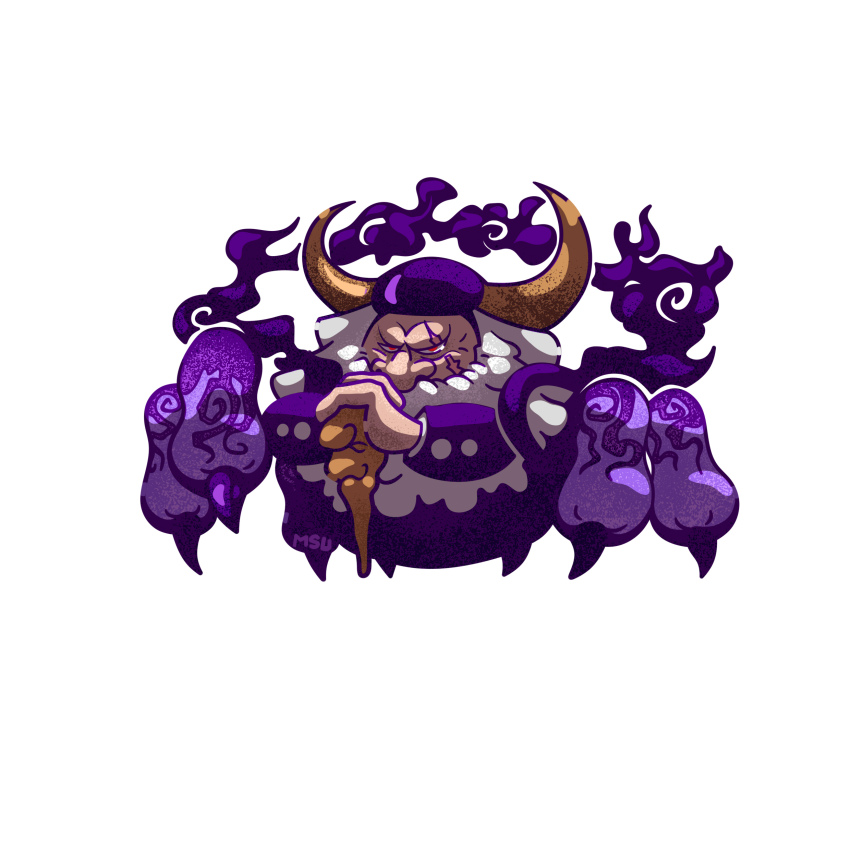 1boy absurdres alternate_form arthropod_boy arthropod_limbs beard chibi facial_hair formal_clothes hagoromo hat highres holding holding_staff horns jaygarcia_saturn male_focus msudrawings mustache one_piece purple_hat purple_suit red_eyes scar scar_across_eye scar_on_face shawl spider_boy staff suit thick_beard white_background white_hair