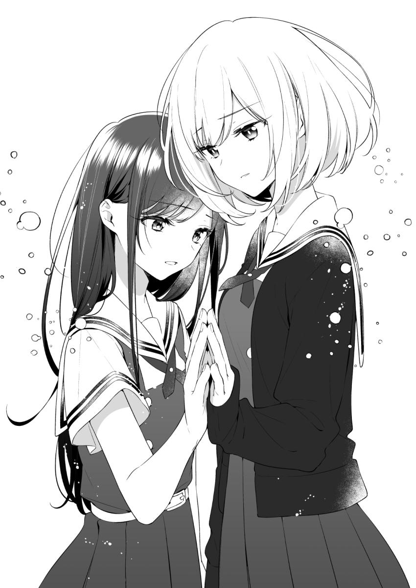 2girls asaka_kaori bubble cardigan commentary_request cowboy_shot dress greyscale hand_on_another&#039;s_hand highres hoshikawa_shizuku kimi_to_tsuzuru_utakata log long_hair long_sleeves monochrome multiple_girls neck_ribbon open_cardigan open_clothes open_mouth parted_lips pinafore_dress pleated_dress ribbon sailor_dress sakuragi_ren school_uniform shirt short_hair short_sleeves sidelocks simple_background sleeveless sleeveless_dress sleeves_past_wrists yuri
