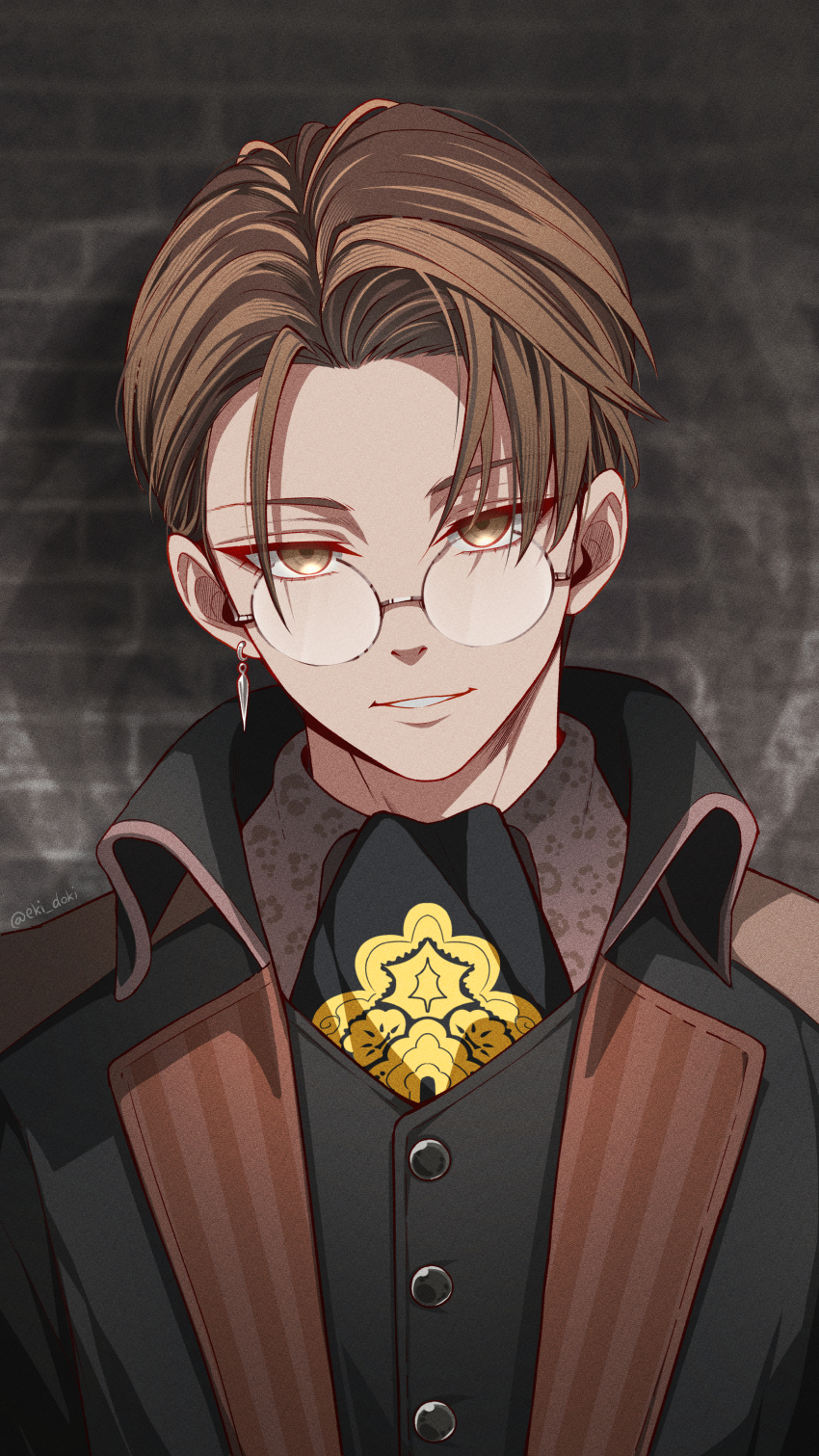 1boy absurdres ascot black_ascot black_jacket black_vest brick_wall brown_eyes brown_hair brown_trim colored_eyelashes commentary earrings eki_doki film_grain grey-framed_eyewear hatching_(texture) highres jacket jewelry kamen_rider kamen_rider_gavv_(series) looking_at_viewer male_focus multicolored_ascot nyelv_stomach parted_hair parted_lips round_eyewear short_hair silver_earrings single_earring smile solo tokusatsu twitter_username upper_body vest yellow_ascot