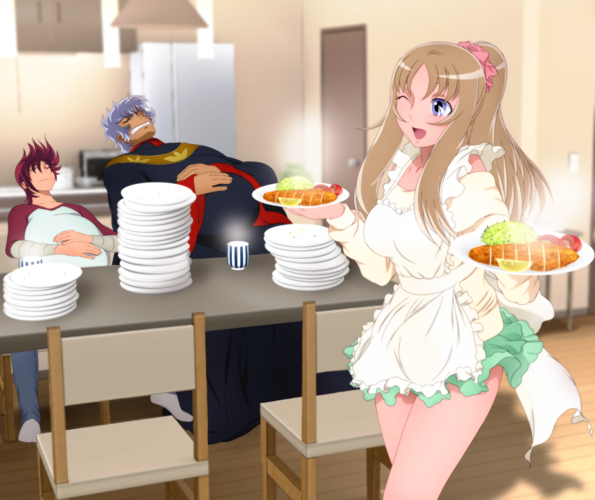 1girl 2boys absurdres apron aquila_yuna bare_legs blonde_hair blue_eyes blush breasts chair clenched_teeth closed_eyes closed_mouth cup door fat fat_man food hair_ornament hair_scrunchie happy highres holding indoors large_breasts legs long_hair long_sleeves looking_at_another multiple_boys one_eye_closed open_mouth pegasus_koga plate ponytail purple_hair red_hair saint_seiya saint_seiya_omega scar scrunchie short_hair sitting skirt smile standing table taurus_harbinger teeth thighs wink wooden_floor yadokari_genpachirou