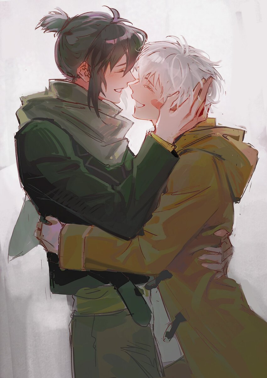 2boys arm_around_waist arm_up black_hair black_jacket brown_coat closed_eyes coat commentary face-to-face grey_pants grin hair_intakes hand_on_another&#039;s_face highres hood hood_down jacket kukuish layered_sleeves long_sleeves male_focus multiple_boys nezumi_(no.6) no.6 pants ponytail scarf shion_(no.6) shirt short_ponytail smile standing white_background white_hair white_shirt yaoi