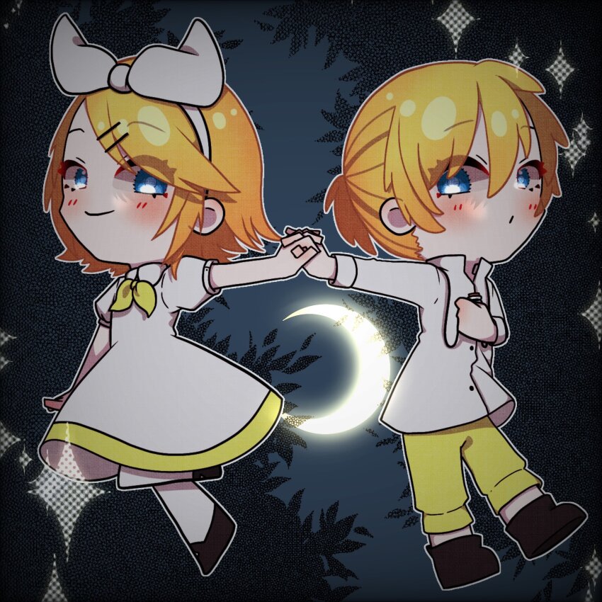 1boy 1girl ahoge black_footwear blonde_hair blue_eyes bottle bow brother_and_sister chibi collared_dress collared_shirt crescent_moon dress erifura evillious_nendaiki foliage forest gretel_(evillious_nendaiki) hair_bow hair_ornament hairband hairclip halftone hansel_(evillious_nendaiki) highres holding holding_bottle holding_hands interlocked_fingers kagamine_len kagamine_rin long_sleeves looking_at_viewer moon nature neckerchief night night_sky okizari_tsukiyo_shou_(vocaloid) pants pantyhose parted_lips ponytail shirt shoes short_hair short_ponytail short_sleeves siblings sideways_glance sky smile sparkle swept_bangs twins vocaloid white_bow white_dress white_pantyhose white_shirt yellow_neckerchief yellow_pants