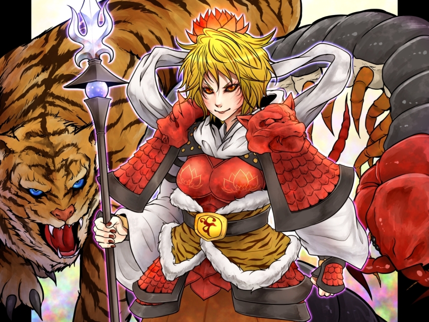 1girl animal_print armor belt black_belt blonde_hair breasts brown_nails bug centipede closed_mouth commentary_request cowboy_shot fingernails hagoromo long_sleeves looking_at_viewer medium_breasts orange_eyes orange_skirt pauldrons polearm ryuuichi_(f_dragon) shawl shirt short_hair shoulder_armor skirt smile solo tiger tiger_print toramaru_shou touhou weapon white_shirt