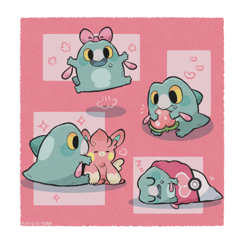 alternate_color berry_(pokemon) border bow frigibax full_body jumping karin_(100100) love_ball multiple_views nintendo open_mouth pawmot pecha_berry pink_background pink_bow poke_ball pokemon pokemon_(creature) puff_of_air shiny_pokemon sparkle white_border yellow_eyes zzz