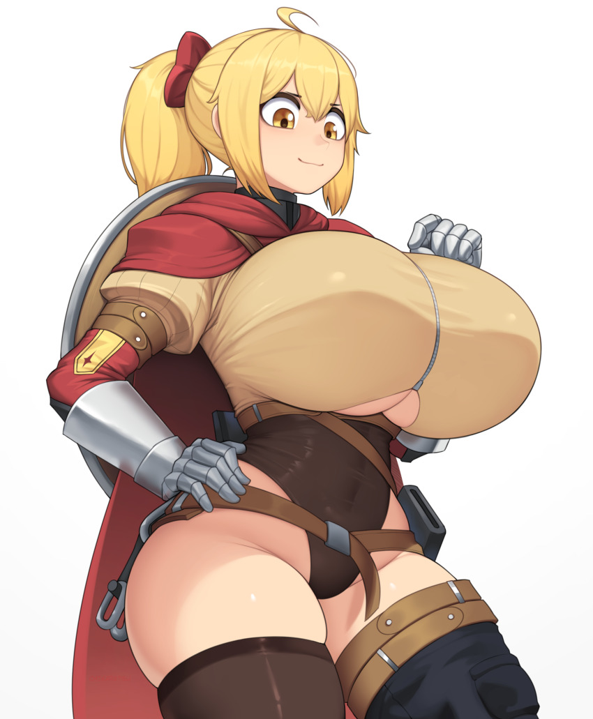 1girl absurdres ahoge asymmetrical_legwear belt blonde_hair blunt_bangs bow breasts cape chikaretsu covered_navel gauntlets hair_bow highres large_breasts leotard long_sleeves lune_(chikaretsu) mismatched_legwear original ponytail scabbard sheath shield solo thighhighs underboob white_background yellow_eyes