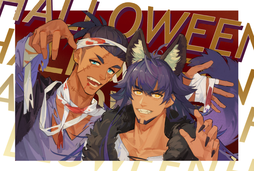 2boys bandages blood bloody_bandages blue_eyes bright_pupils dark-skinned_male dark_skin fingernails grin halloween highres lee999nine leon_(pokemon) male_focus multiple_boys nintendo pokemon pokemon_swsh purple_hair raihan_(pokemon) sharp_fingernails sharp_teeth smile stitched_face stitched_neck stitches teeth white_pupils yellow_eyes