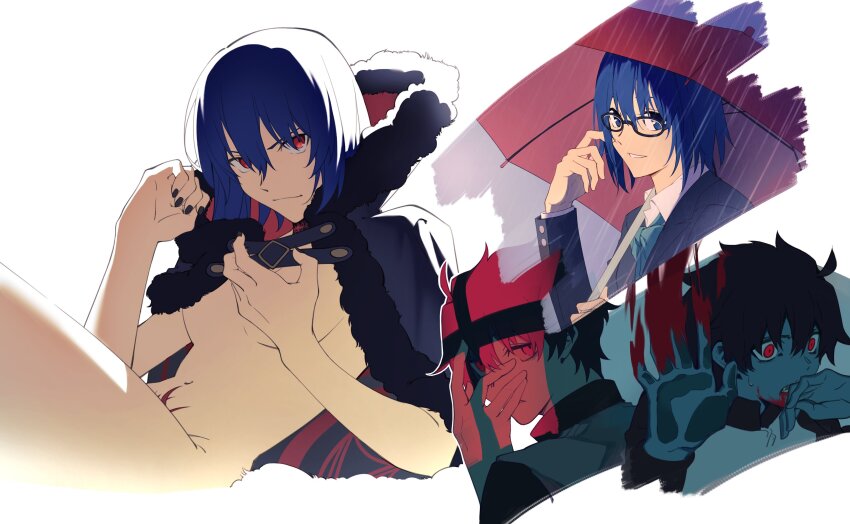 1boy 1girl absurdres ahoge blood blood_in_mouth blood_on_face blue_eyes blue_hair breasts cape ciel_(tsukihime) crest evil_grin evil_smile fur-trimmed_cape fur_trim glasses grin hand_on_own_face highres jacket looking_at_viewer naked_cape rain red_eyes roa-ciel school_uniform short_hair smile souya_high_school_uniform tohno_shiki tsukihime tsukihime_(remake) umbrella vampire zxykiyou