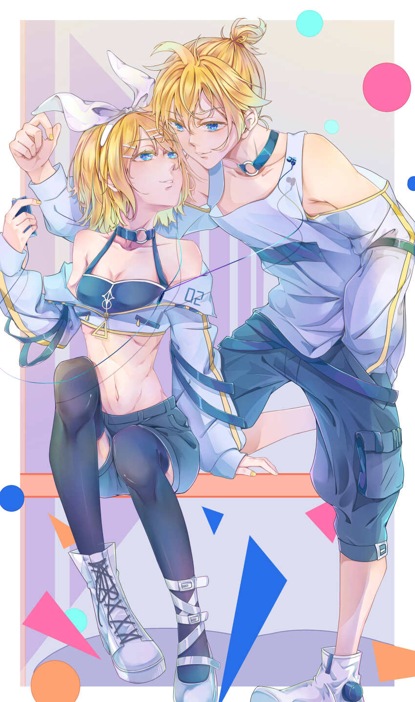 1boy 1girl blonde_hair blue_eyes bow brother_and_sister choker cropped_jacket different_shoes earphones flat_chest jacket kagamine_len kagamine_rin long_sleeves mp3_player navel shirt shoes shorts siblings sitting thighhighs twins vocaloid