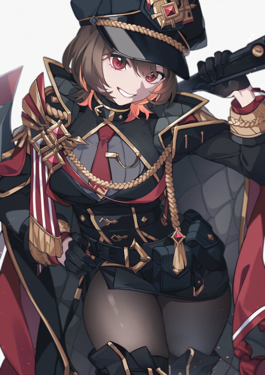 1girl absurdres black_boots black_gloves black_jacket black_survival boots breasts brown_hair brown_pantyhose estelle_(black_survival) eternal_return:_black_survival gloves grey_shirt hat highres jacket kkonaeng large_breasts multicolored_hair pantyhose pink_hair shirt