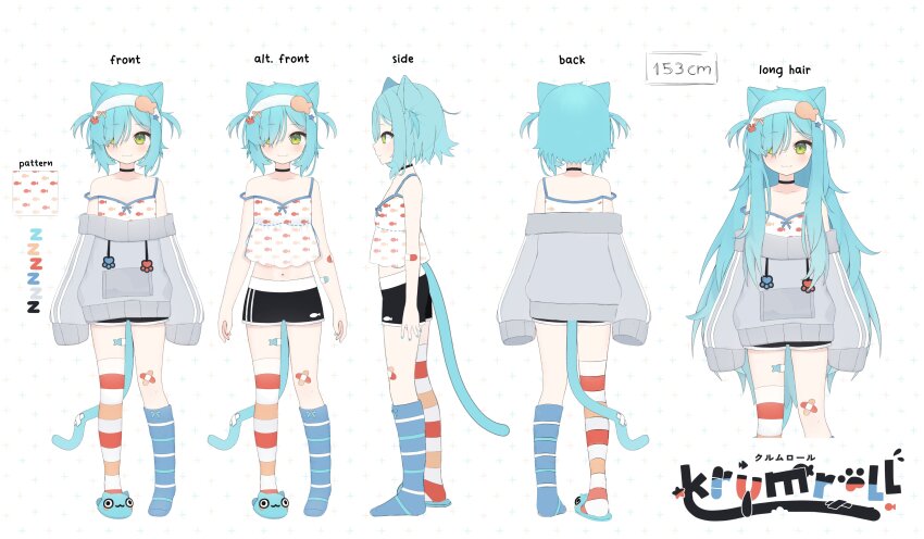 1girl absurdres animal_ears animal_print asymmetrical_legwear bandaid bandaid_on_arm bandaid_on_knee bandaid_on_leg black_choker black_shorts blue_hair blue_socks bow camisole cat_ears cat_tail character_name reference_sheet choker closed_mouth collarbone color_guide fish_print from_behind from_side green_eyes grey_sweater hair_bow hair_ornament hairband highres indie_virtual_youtuber krumroll krumroll_(artist) mismatched_legwear multicolored_thighhighs multiple_views navel off-shoulder_sweater off_shoulder orange_thighhighs paw_hair_ornament red_thighhighs short_hair shorts single_slipper slippers socks star_(symbol) star_hair_ornament strap_slip striped_clothes striped_thighhighs sweater tail thighhighs two_side_up virtual_youtuber white_camisole white_hairband white_thighhighs yellow_bow