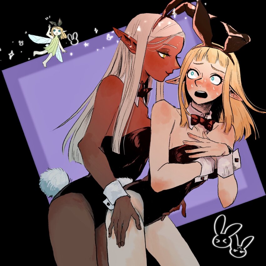 1other 2girls animal_ears arm_around_waist blonde_hair blue_eyes bow bowtie cithis dark-skinned_female dark_skin detached_collar dungeon_meshi elf fairy_(dungeon_meshi) fake_animal_ears fake_tail grey_hair hand_on_another&#039;s_thigh highres leotard multiple_girls notched_ear pachix2_corgi pattadol playboy_bunny pointy_ears rabbit_ears rabbit_tail strapless strapless_leotard tail thighs wrist_cuffs yellow_eyes yuri