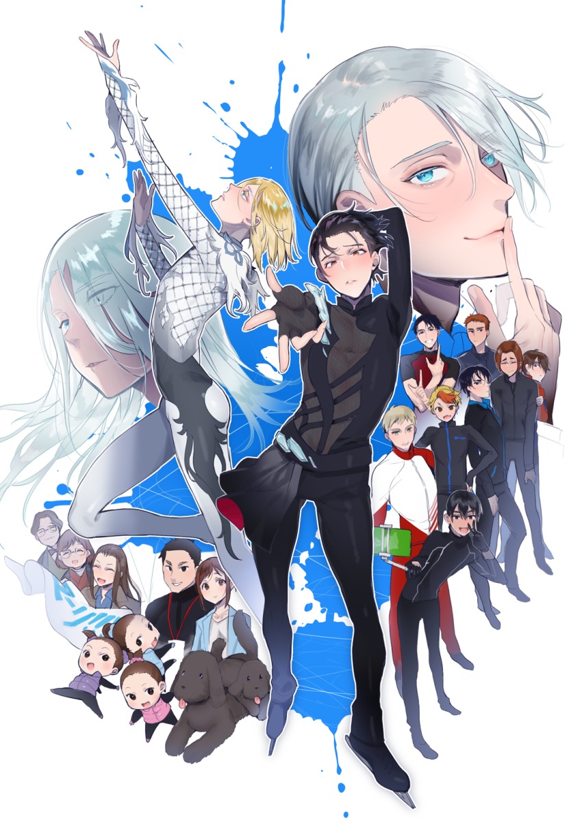 10s 6+boys 6+girls :d ^_^ animal aqua_eyes arm_up bad_id bad_pixiv_id banner black_eyes black_gloves black_hair blonde_hair blue_eyes blush bodysuit brown_eyes brown_hair cellphone christophe_giacometti closed_eyes dog dual_persona closed_eyes eyes_visible_through_hair finger_to_mouth fingerless_gloves glasses gloves green_eyes hair_bun hair_over_one_eye happy highres ice_skates jacket jean-jacques_leroy ji_guang-hong katsuki_hiroko katsuki_toshiya katsuki_yuuri lee_seung-gil leo_de_la_iglesia long_hair looking_at_viewer makkachin michele_crispino minami_kenjirou mole mole_under_eye multicolored_hair multiple_boys multiple_girls nishigoori_axel nishigoori_loop nishigoori_lutz nishigoori_takeshi nishigoori_yuuko nito_(siccarol) okukawa_minako open_mouth paint_splatter pants parted_lips phichit_chulanont phone ponytail red_hair selfie shoes short_hair silver_hair single_hair_bun skates smartphone smile splatter tongue tongue_out track_jacket twintails vicchan viktor_nikiforov white_background yuri!!!_on_ice yuri_plisetsky