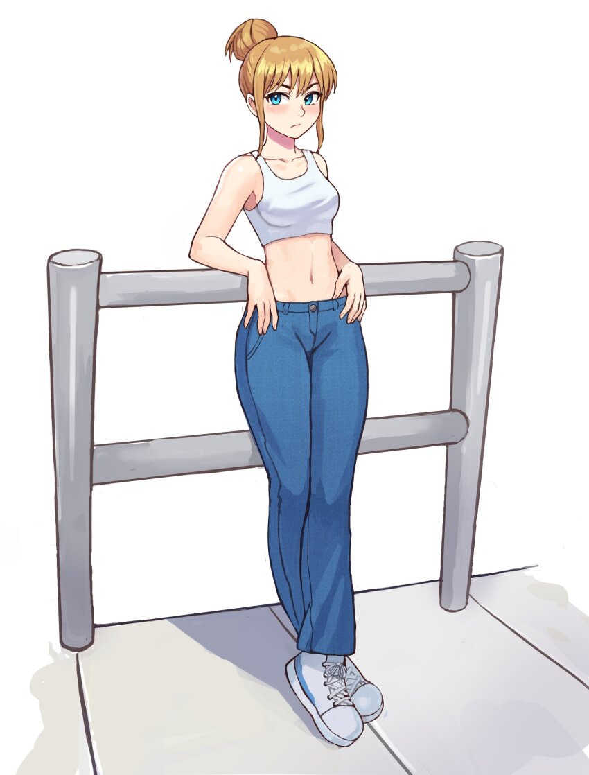 1girl absurdres against_railing bare_arms bare_shoulders blonde_hair blue_pants blush breasts character_request collarbone commentary commission copyright_request crop_top english_commentary frown full_body hair_bun highres looking_at_viewer medium_breasts midriff navel pants railing shoes sidelocks simple_background sneakers solo tank_top watcher_hollow white_background white_shoes white_tank_top