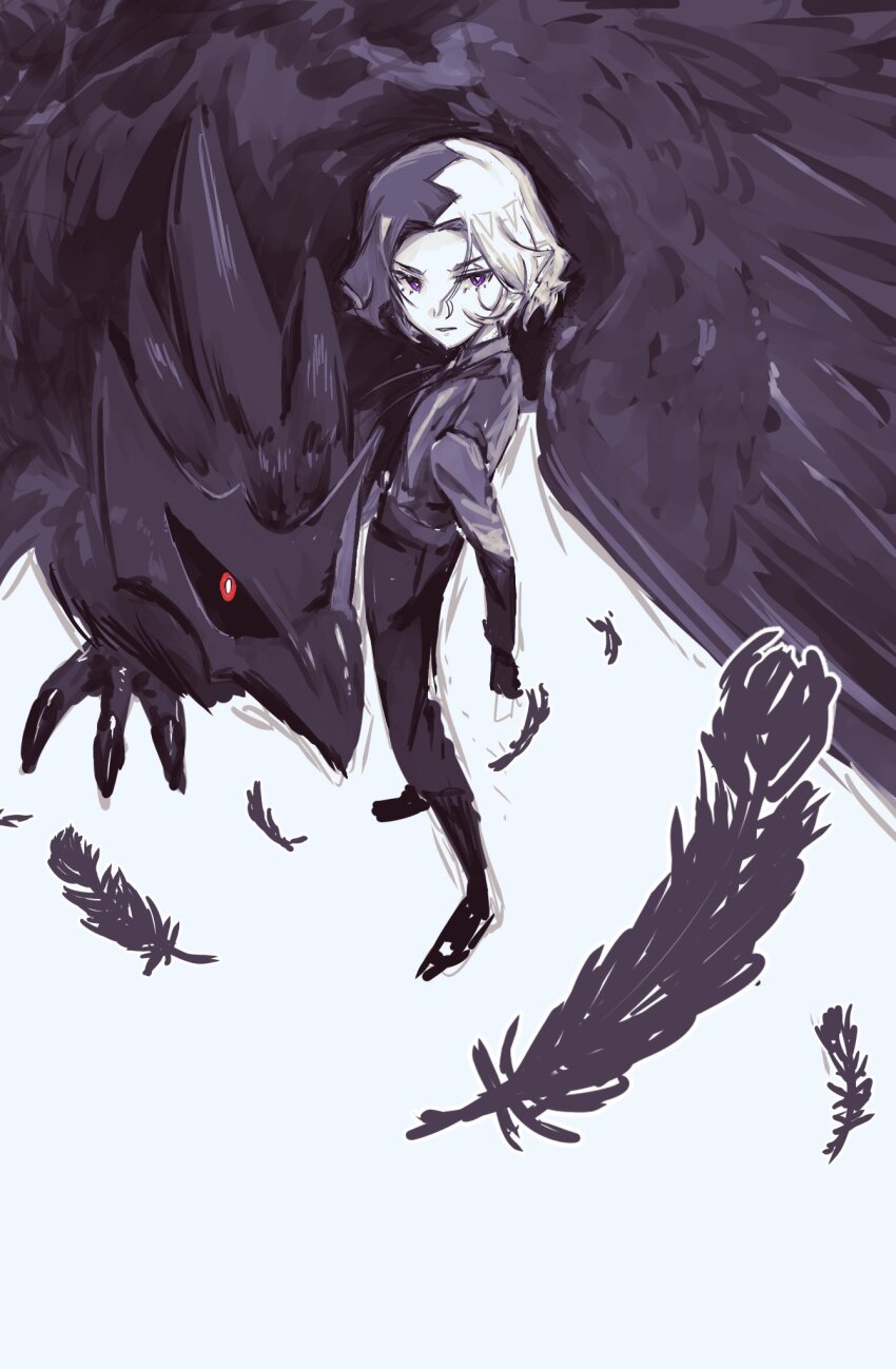 1boy amethio_(pokemon) black_shoes bright_pupils closed_mouth commentary_request copituji corviknight feathers gen_8_pokemon gloves highres long_sleeves loose_hair_strand male_focus multicolored_hair nintendo pants pokemon pokemon_(anime) pokemon_(creature) pokemon_horizons purple_eyes shirt shoes short_hair standing two-tone_hair white_pupils