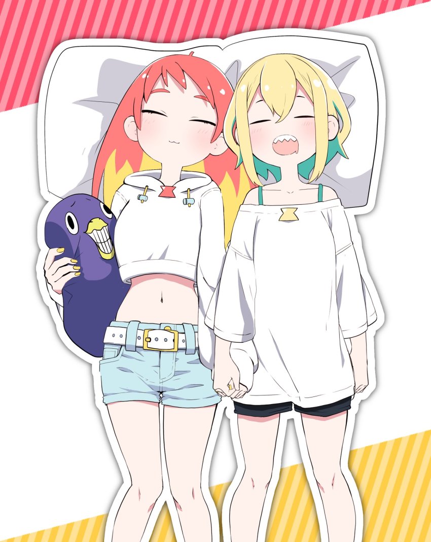 2girls :3 amano_pikamee bare_shoulders belt bird blonde_hair character_pillow colored_tips commentary crop_top denim denim_shorts drawstring drooling closed_eyes feet_out_of_frame from_above furrowed_brow grin gyari_(bird) gyari_(imagesdawn) highres hikasa_tomoshika hikasa_tomoshika_(artist) holding holding_hands holding_pillow hood hoodie light_blush light_smile long_hair lying midriff mouth_drool multicolored_hair multiple_girls nail_polish navel off-shoulder_shirt off_shoulder on_back open_mouth peak pillow red_hair sharp_teeth shirt short_hair short_shorts shorts sleeping smile spaghetti_strap teeth virtual_youtuber voms white_hoodie white_shirt yellow_nails