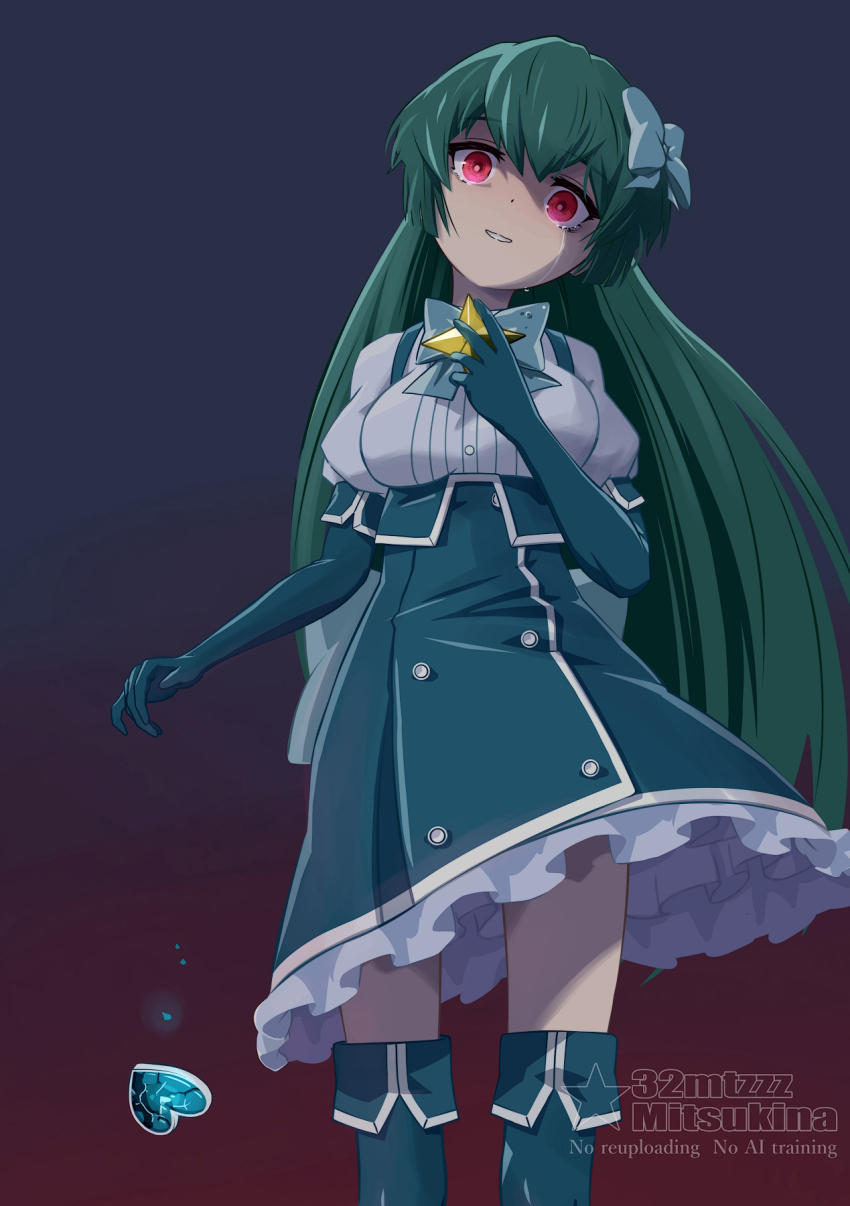 1girl 32zzz aqua_gloves aqua_skirt blue_boots blue_bow blue_bowtie blue_gloves blue_skirt boots bow bowtie breasts brooch corruption cowboy_shot crack crazy_eyes crying crying_with_eyes_open dark_persona dress elbow_gloves frilled_dress frills gloves hair_between_eyes hair_bow head_tilt heart-shaped_gem high-waist_skirt highres jewelry large_breasts long_hair looking_at_viewer magia_azure magical_girl mahou_shoujo_ni_akogarete medium_skirt minakami_sayo parted_lips puffy_short_sleeves puffy_sleeves red_eyes shirt short_sleeves sidelocks skirt solo standing star-shaped_gem star_brooch streaming_tears suspender_skirt suspenders tearing_up tears thigh_boots white_shirt