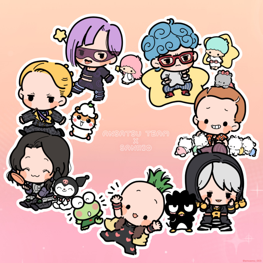 6+boys :3 akanbe badtz-maru black_hair blonde_hair blue_hair blush_stickers brown_hair character_request chibi cigarette closed_eyes copyright_name curly_hair eyelid_pull formaggio ghiaccio glasses gradient_background green_hair grey_hair grin highres hood hood_up illuso jojo_no_kimyou_na_bouken kero_kero_keroppi kiki_(little_twin_stars) kuromi lala_(little_twin_stars) little_twin_stars male_focus melone moesaku6 multiple_boys onegai_my_melody open_mouth outline pesci prosciutto purple_hair red-framed_eyewear risotto_nero sanrio short_hair smile solid_circle_eyes star_(symbol) star_wand tongue tongue_out vento_aureo wand white_outline