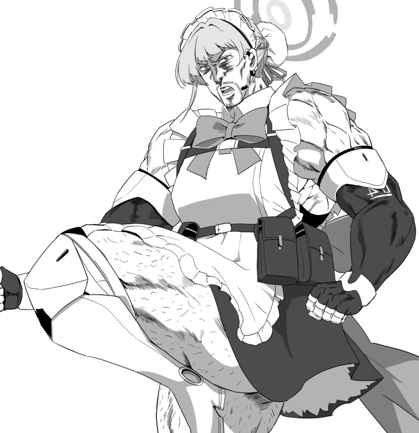 1boy apron beard blue_archive cosplay facial_hair fingerless_gloves gloves halo hara_tetsuo_(style) highres hokuto_no_ken maid_apron maid_headdress mannungei monochrome muscular muscular_male name_connection solo standing standing_on_one_leg toki_(blue_archive) toki_(blue_archive)_(cosplay) toki_(hokuto_no_ken) v white_background