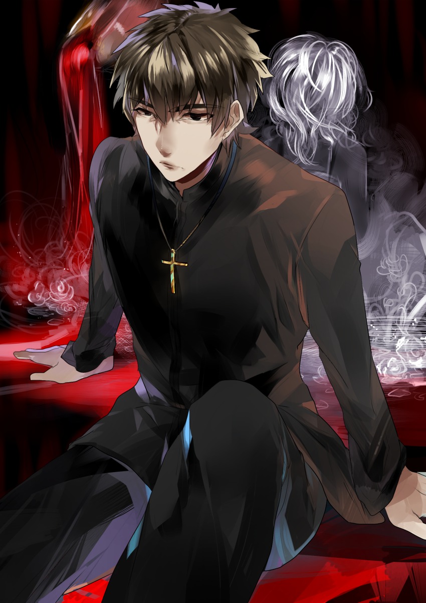 1boy 1girl absurdres back-to-back black_eyes brown_hair claudia_hortensia cross cross_necklace fate/zero fate_(series) highres husband_and_wife jewelry kotomine_kirei morita_baltan necklace wavy_hair white_hair