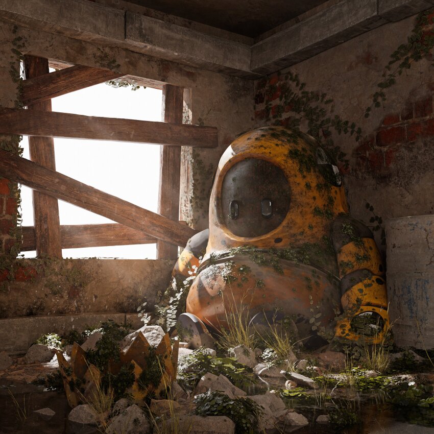 absurdres boarded_windows brick_wall crown fall_guy fall_guys grass hdxhexa highres indoors light_rays no_humans plank plant ruins scenery sitting sunbeam sunlight